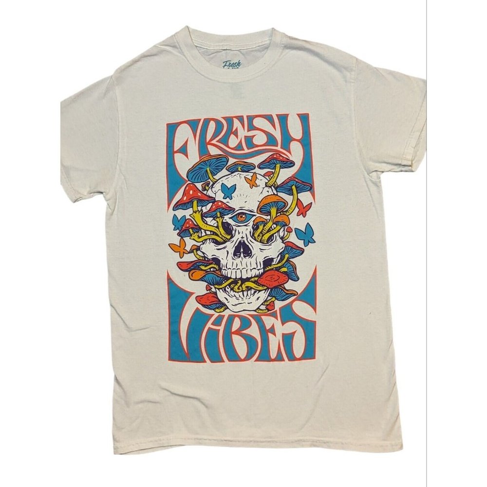 Fresh Vibes T-Shirt Adult Small White Short Sleeve Mushroom Skull Shrooms Colofu